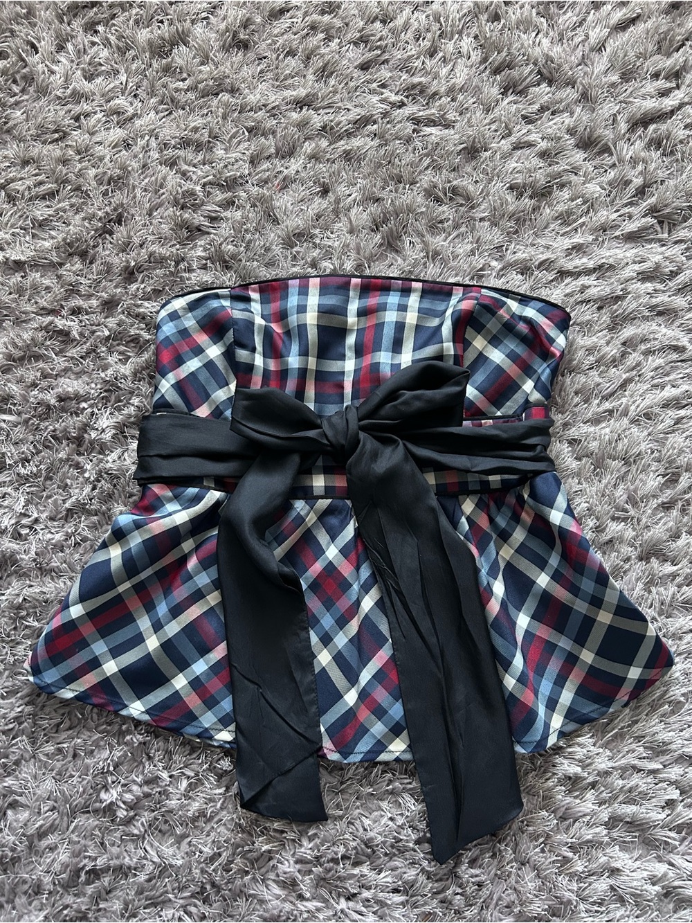 Odille Navy Plaid Strapless Peplum Top with Black Sash